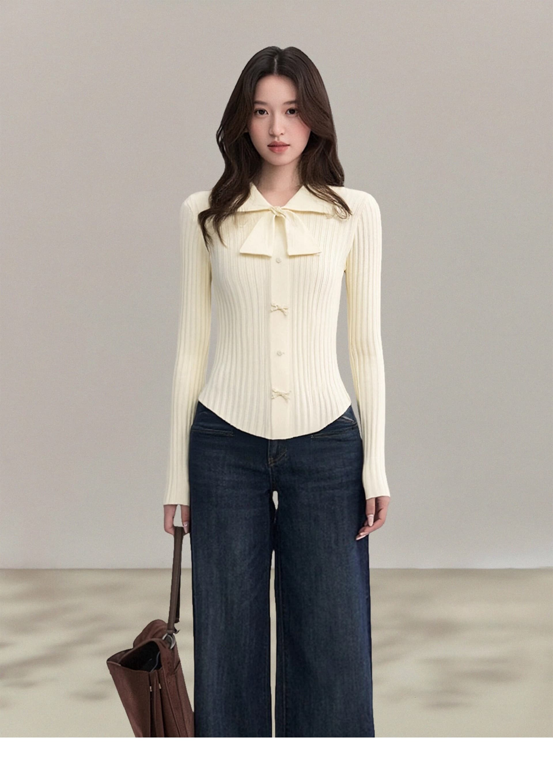 가을 겨울 나비 매듭 POLO 칼라 긴팔 맨위 전체 집합 몸매 가꾸기 여성 만나는 니트 스웨터 스웨터 인사이드 가져 가라. 상세 이미지 5