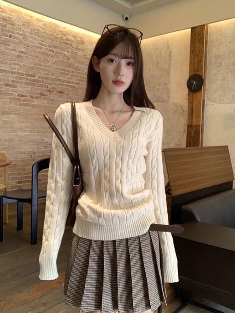 한 부서 V넥 스웨터 여자 2026 가을 겨울철 꽈배기 두꺼운 루즈핏 인사이드 가져 가라. 외출용 느긋한 바람 니트 스웨터 맨위 상세 이미지 14