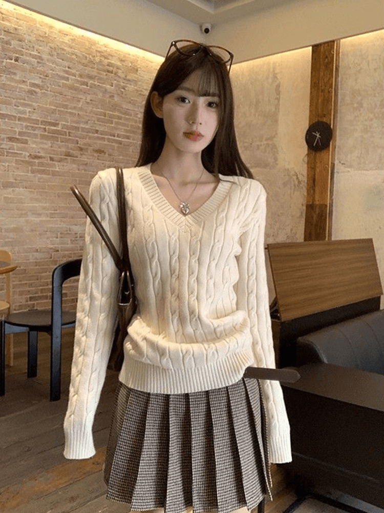 한 부서 V넥 스웨터 여자 2026 가을 겨울철 꽈배기 두꺼운 루즈핏 인사이드 가져 가라. 외출용 느긋한 바람 니트 스웨터 맨위 상세 이미지 15