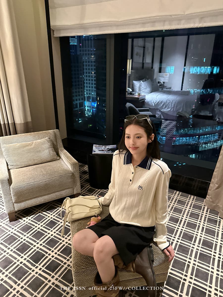 배색 POLO 칼라 트위스트 무늬 니트 스웨터 만나는 스웨터 여자 가을 겨울 캐주얼 긴팔 루즈핏 슬림해 보이는 인사이드 잡아라. 의류 이미지 3