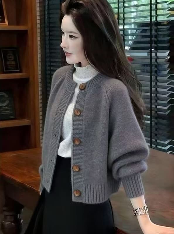 복잡한 고대 나무 버클 쇼트 스타일 부드러운 찹쌀 스웨터 여성 코트 루즈핏 가을 겨울 두꺼운 스타일 고급 센스 니트 오픈 가디건 맨위 외출용 상세 이미지 6