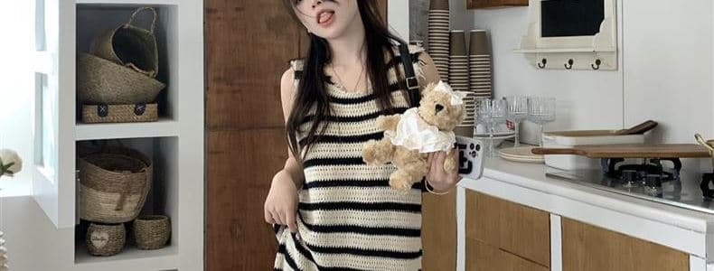 스트라이프 슬립 여성 드레스 여름 핫걸 루즈핏 캐주얼 해변가 휴가 작은 키 민소매 조끼 길다 치마 상세 이미지 9