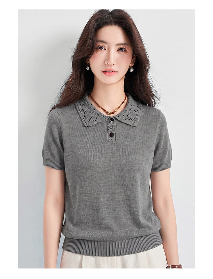 오래된 돈 바람 아마 홀로우 아웃 POLO 칼라 니트 반팔 티셔츠 여성 여름 고급 센스 품격 긍정적 인 어깨 폴로 칼라 맨위 상세 이미지 8