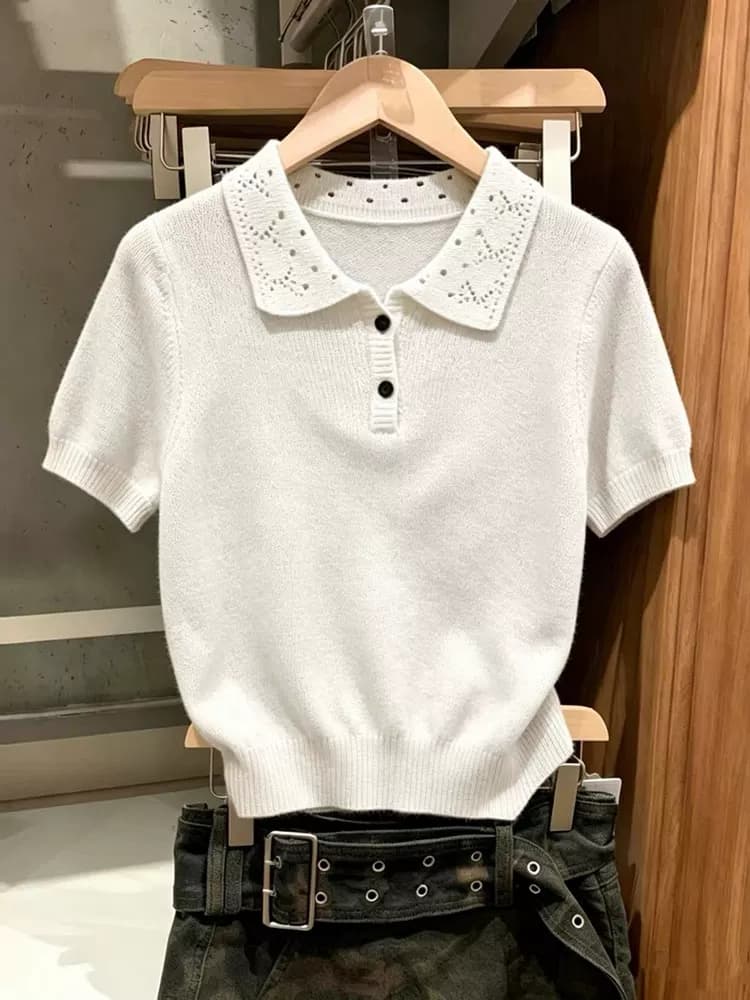 오래된 돈 바람 아마 홀로우 아웃 POLO 칼라 니트 반팔 티셔츠 여성 여름 고급 센스 품격 긍정적 인 어깨 폴로 칼라 맨위 상세 이미지 10