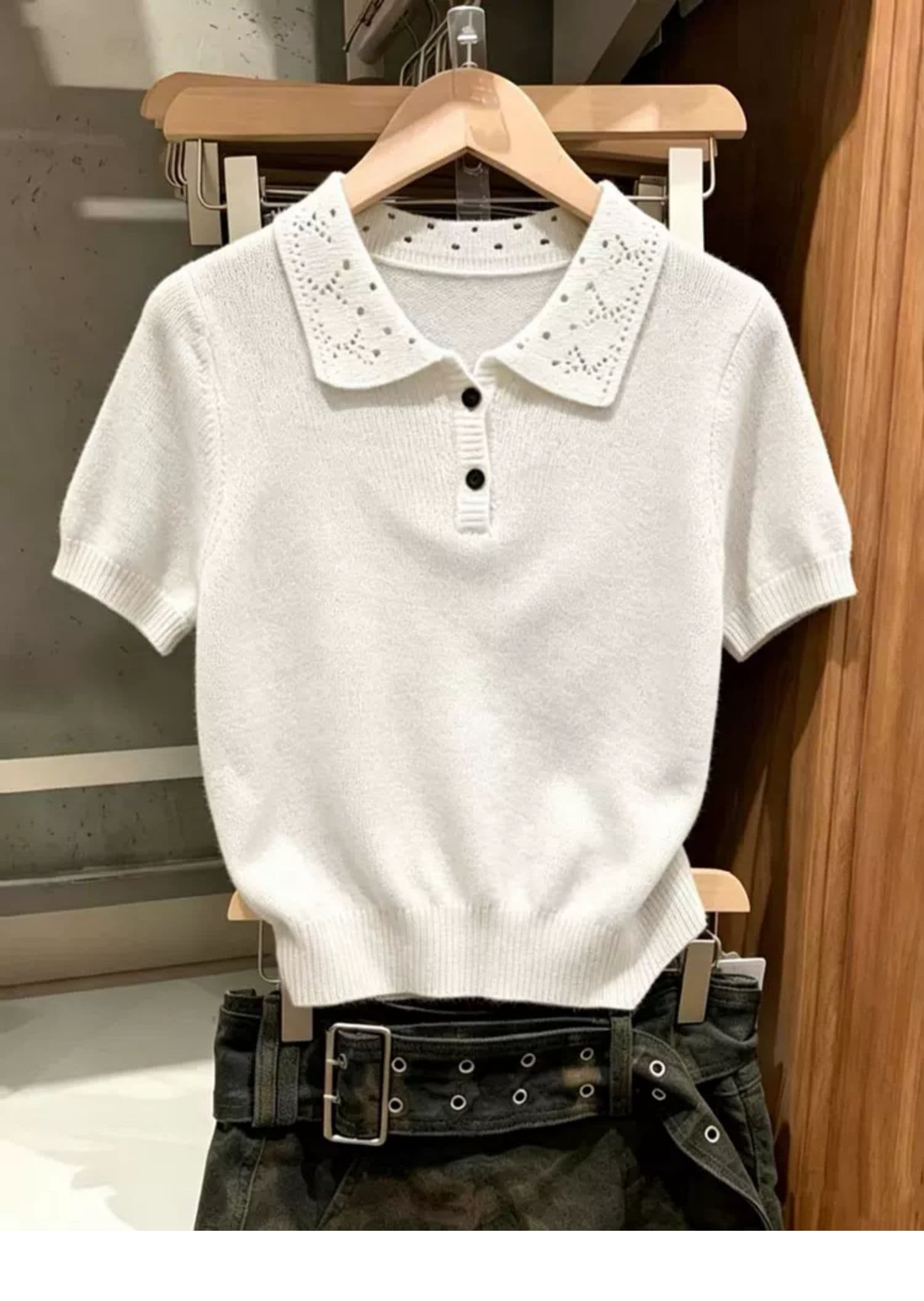 오래된 돈 바람 아마 홀로우 아웃 POLO 칼라 니트 반팔 티셔츠 여성 여름 고급 센스 품격 긍정적 인 어깨 폴로 칼라 맨위 상세 이미지 11