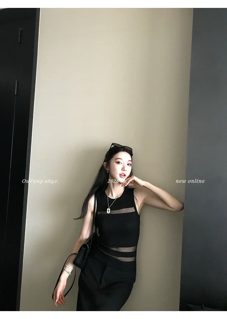 지구 Ouyang 부드러운 빛 판금 보존 섹션 엷 은 안개 마이크로 ~을 통해 빛 럭셔리 질감 좋은 플래시 니트 분할 홀로우 아웃 조끼 상세 이미지 5