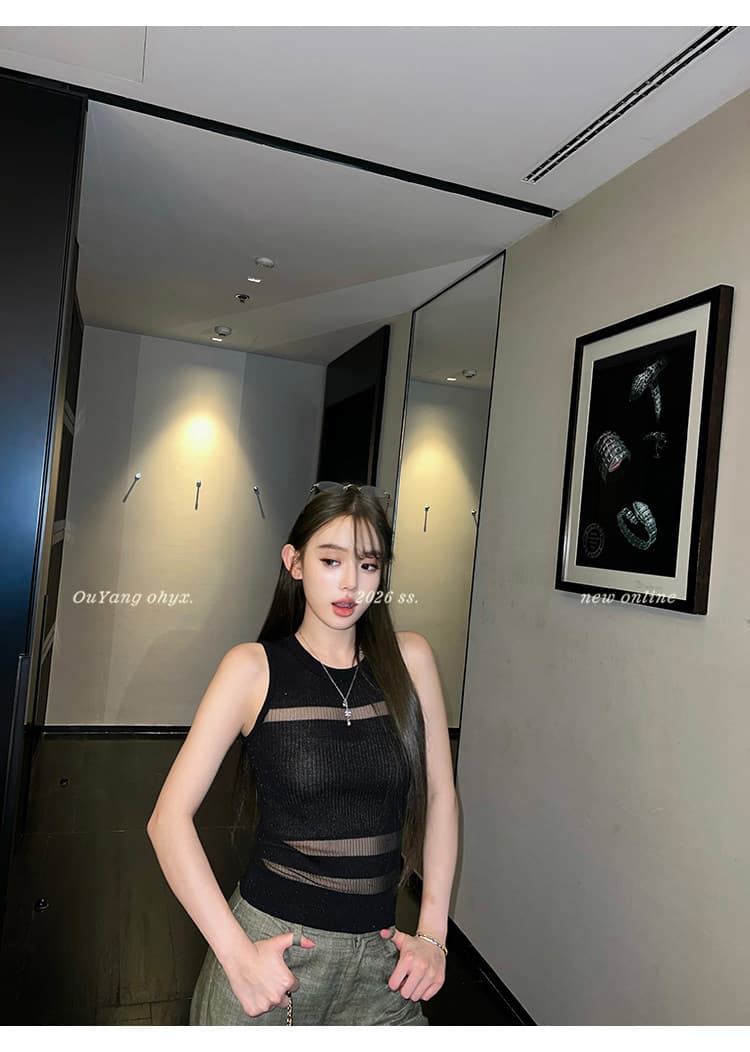 지구 Ouyang 부드러운 빛 판금 보존 섹션 엷 은 안개 마이크로 ~을 통해 빛 럭셔리 질감 좋은 플래시 니트 분할 홀로우 아웃 조끼 상세 이미지 7
