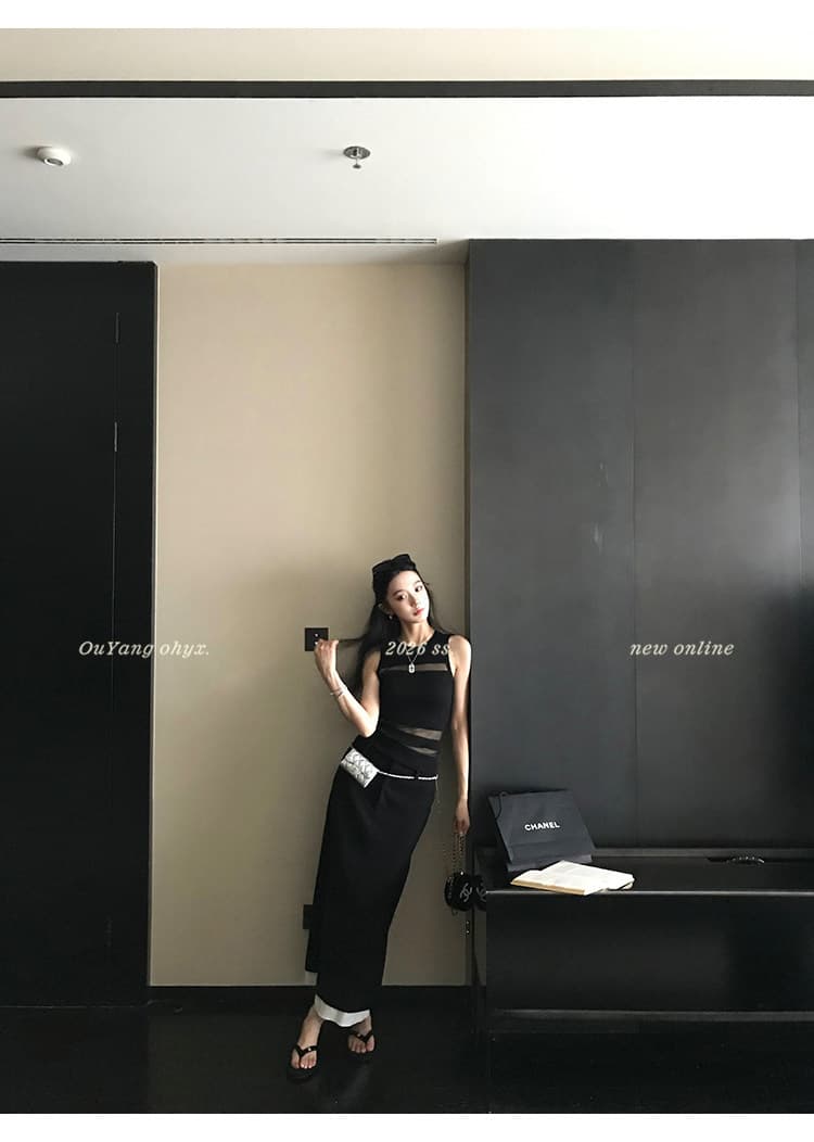 지구 Ouyang 부드러운 빛 판금 보존 섹션 엷 은 안개 마이크로 ~을 통해 빛 럭셔리 질감 좋은 플래시 니트 분할 홀로우 아웃 조끼 상세 이미지 15