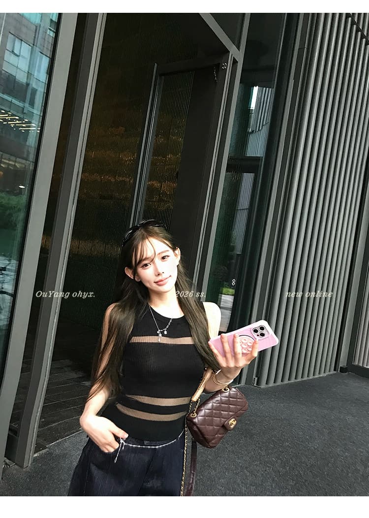 지구 Ouyang 부드러운 빛 판금 보존 섹션 엷 은 안개 마이크로 ~을 통해 빛 럭셔리 질감 좋은 플래시 니트 분할 홀로우 아웃 조끼 상세 이미지 19