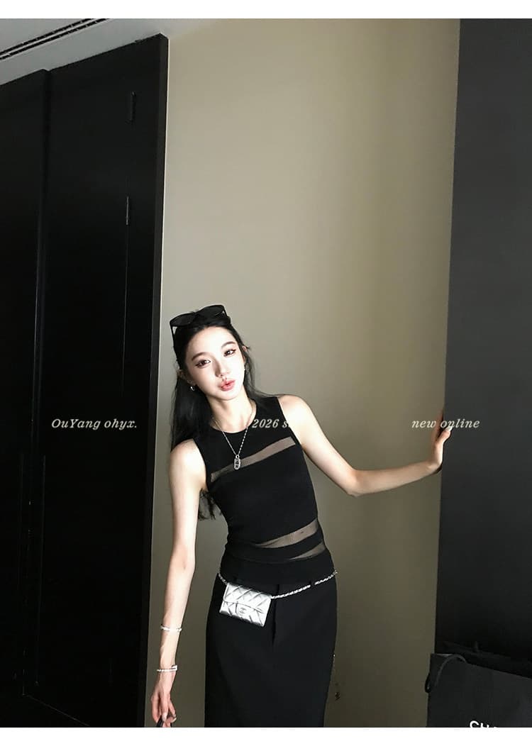 지구 Ouyang 부드러운 빛 판금 보존 섹션 엷 은 안개 마이크로 ~을 통해 빛 럭셔리 질감 좋은 플래시 니트 분할 홀로우 아웃 조끼 상세 이미지 20