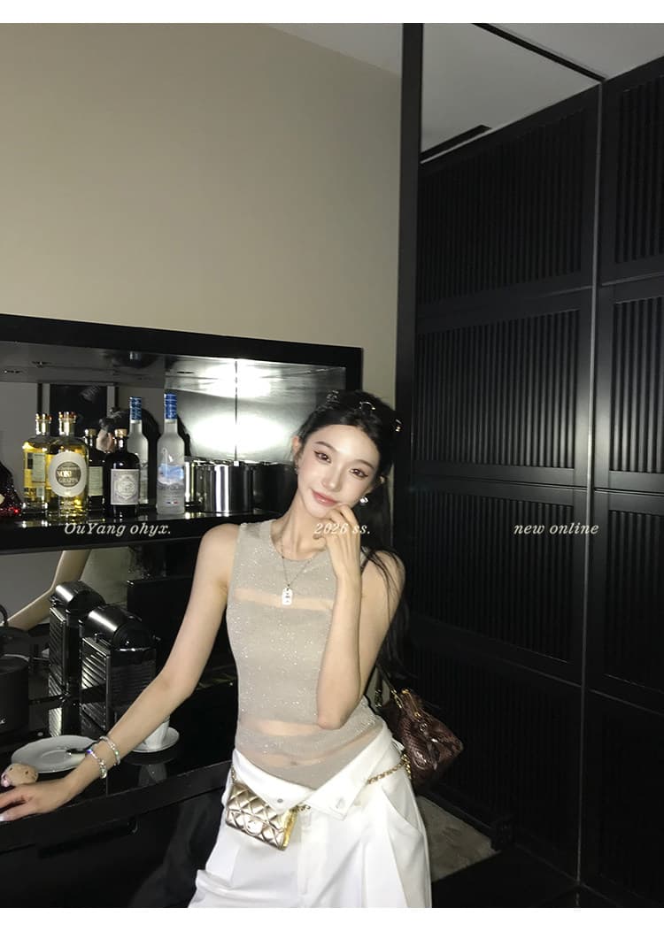 지구 Ouyang 부드러운 빛 판금 보존 섹션 엷 은 안개 마이크로 ~을 통해 빛 럭셔리 질감 좋은 플래시 니트 분할 홀로우 아웃 조끼 상세 이미지 26