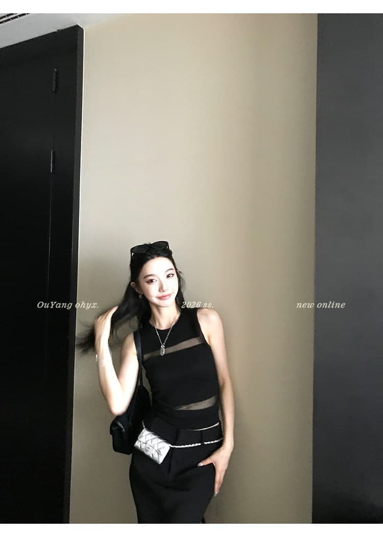 지구 Ouyang 부드러운 빛 판금 보존 섹션 엷 은 안개 마이크로 ~을 통해 빛 럭셔리 질감 좋은 플래시 니트 분할 홀로우 아웃 조끼 상세 이미지 30