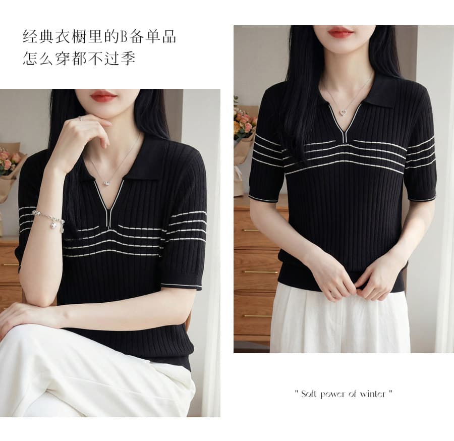 프랑스식 폴로 칼라 배색 스트라이프 얼음 실크 니트 반팔 티셔츠 여성 여름 몸매 가꾸기 슬림해 보이는 쇼트 스타일 POLO 셔츠 맨위 상세 이미지 4