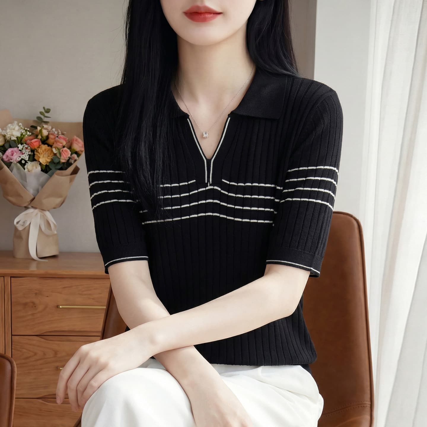 프랑스식 폴로 칼라 배색 스트라이프 얼음 실크 니트 반팔 티셔츠 여성 여름 몸매 가꾸기 슬림해 보이는 쇼트 스타일 POLO 셔츠 맨위 상세 이미지 5