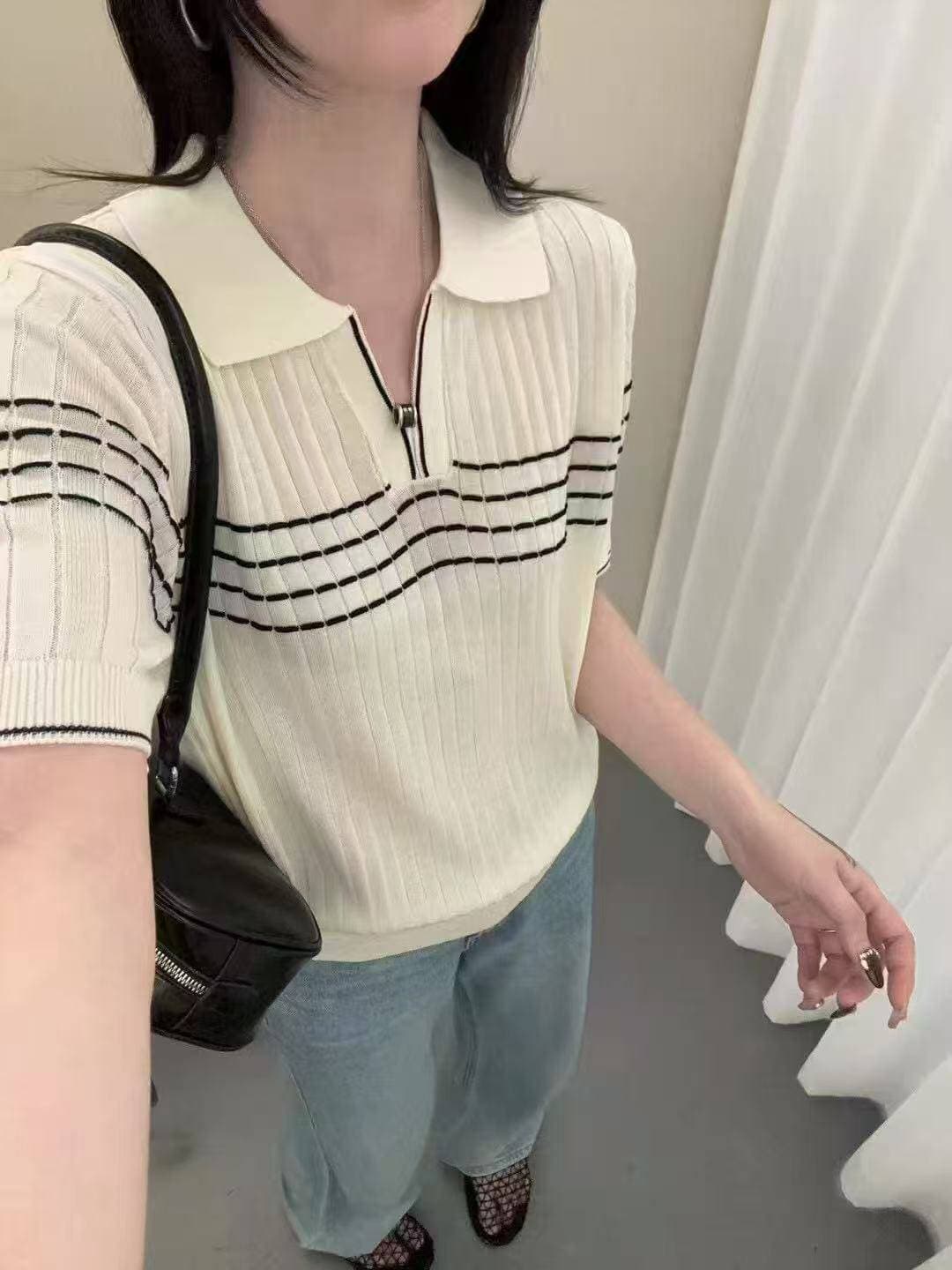 프랑스식 폴로 칼라 배색 스트라이프 얼음 실크 니트 반팔 티셔츠 여성 여름 몸매 가꾸기 슬림해 보이는 쇼트 스타일 POLO 셔츠 맨위 상세 이미지 16