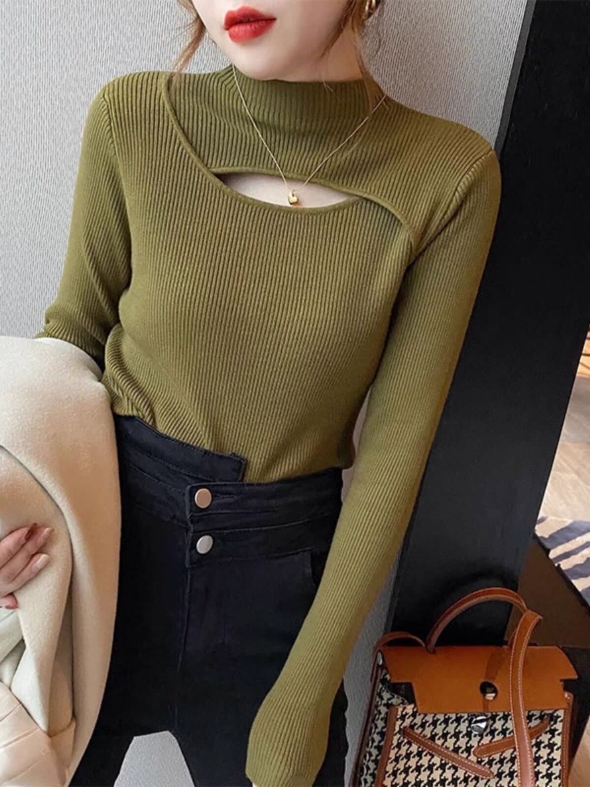 앤 코라 빨간색 반하이넥 홀로우 아웃 만나는 니트 스웨터 여성 가을 겨울 외국 가스 인사이드 가져 가라. 스웨터 몸매 가꾸기 중 칼라 맨위 상세 이미지 1