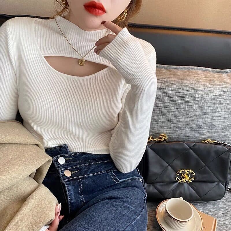 앤 코라 빨간색 반하이넥 홀로우 아웃 만나는 니트 스웨터 여성 가을 겨울 외국 가스 인사이드 가져 가라. 스웨터 몸매 가꾸기 중 칼라 맨위 상세 이미지 2