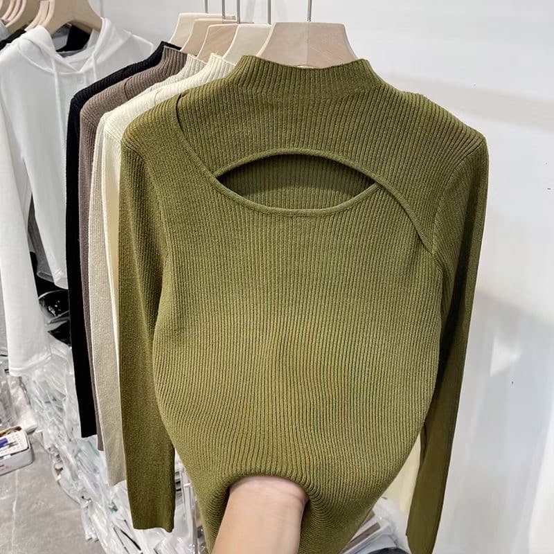 앤 코라 빨간색 반하이넥 홀로우 아웃 만나는 니트 스웨터 여성 가을 겨울 외국 가스 인사이드 가져 가라. 스웨터 몸매 가꾸기 중 칼라 맨위 상세 이미지 10