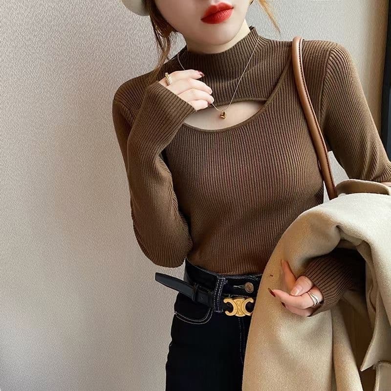 앤 코라 빨간색 반하이넥 홀로우 아웃 만나는 니트 스웨터 여성 가을 겨울 외국 가스 인사이드 가져 가라. 스웨터 몸매 가꾸기 중 칼라 맨위 상세 이미지 11