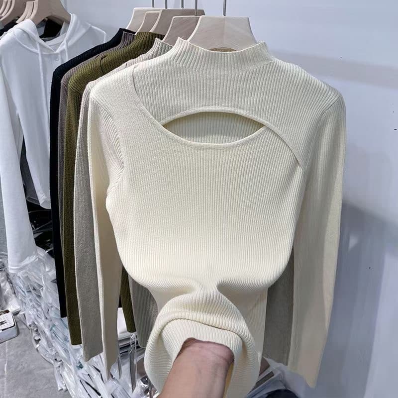 앤 코라 빨간색 반하이넥 홀로우 아웃 만나는 니트 스웨터 여성 가을 겨울 외국 가스 인사이드 가져 가라. 스웨터 몸매 가꾸기 중 칼라 맨위 상세 이미지 12