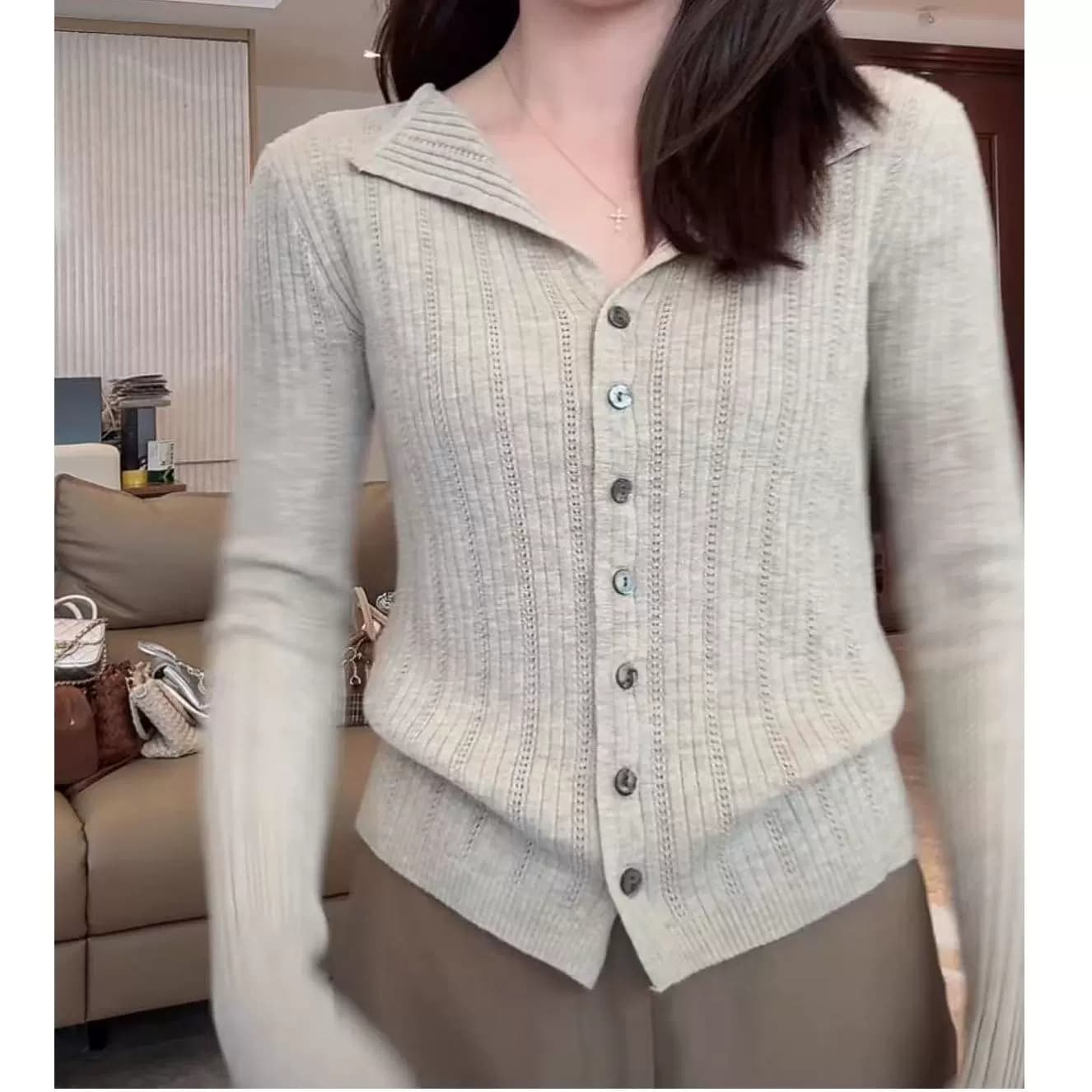 한 부서 자이언트 잘 생긴 폴로 칼라 싱글 줄 버튼 긴팔 니트 스웨터 오픈 가디건 여성 조기 가을 다용도 작은 키 스웨터 맨위 상세 이미지 1