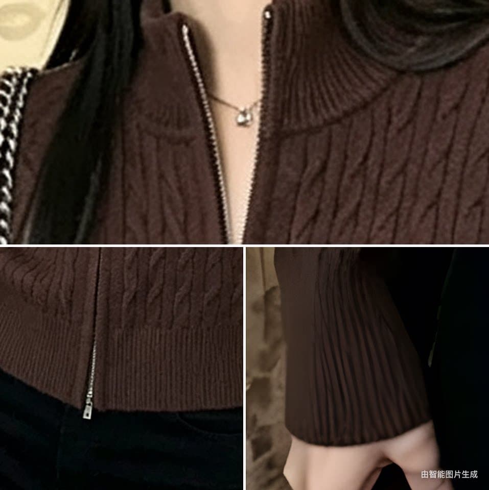 브라운 터틀넥 꽈배기 지퍼 스웨터 여성 의류 가을 겨울 몸매 가꾸기 슬림해 보이는 쇼트 스타일 니트 오픈 가디건 맨위 니트 스웨터 상세 이미지 6