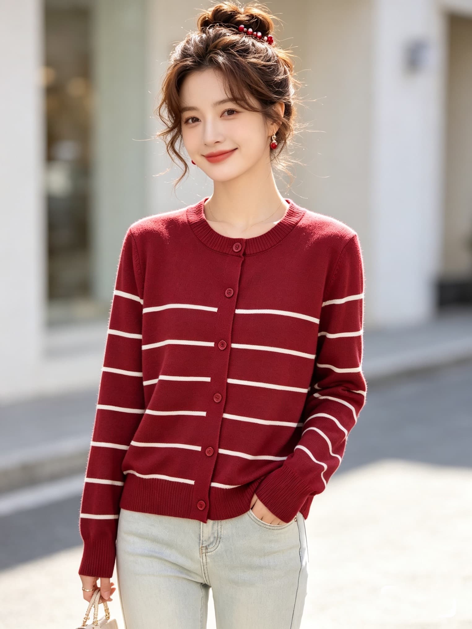 한 부서 패션 디자인 센스 재킷 슬림해 보이는 루즈핏 느긋한 바람 스트라이프 배색 니트 긴 소매 오픈 가디건 여성 의류 맨위 이미지 4