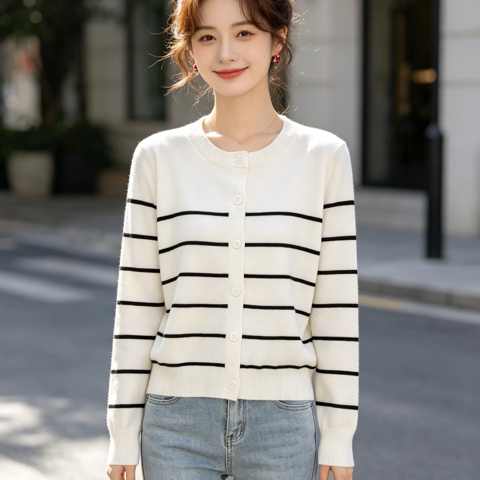 한 부서 패션 디자인 센스 재킷 슬림해 보이는 루즈핏 느긋한 바람 스트라이프 배색 니트 긴 소매 오픈 가디건 여성 의류 맨위 이미지 5