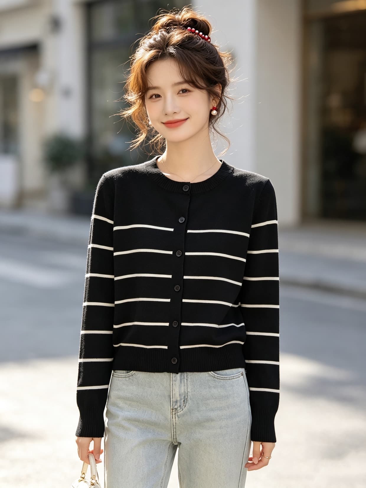 한 부서 패션 디자인 센스 재킷 슬림해 보이는 루즈핏 느긋한 바람 스트라이프 배색 니트 긴 소매 오픈 가디건 여성 의류 맨위 상세 이미지 1