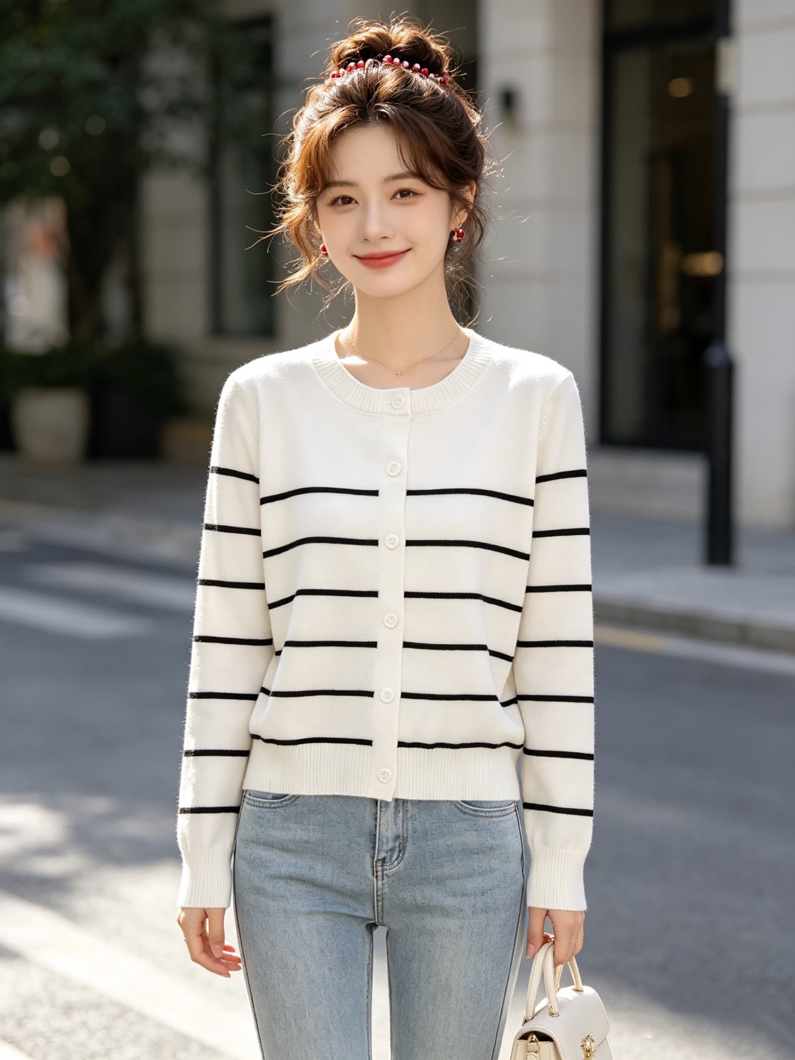 한 부서 패션 디자인 센스 재킷 슬림해 보이는 루즈핏 느긋한 바람 스트라이프 배색 니트 긴 소매 오픈 가디건 여성 의류 맨위 상세 이미지 2