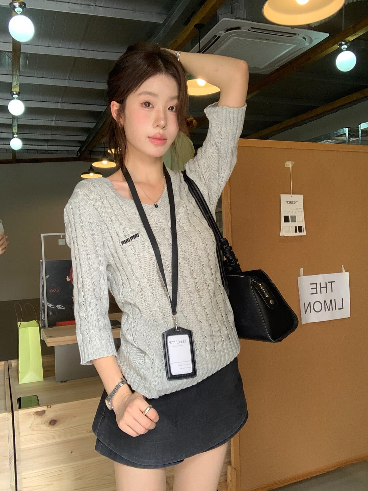 the limon 레몬 녹차 한 부서 품격 V넥 트위스트 꽃 자수 다용도 니트 스웨터 여성 중간 소매 맨위 가을 이미지 3
