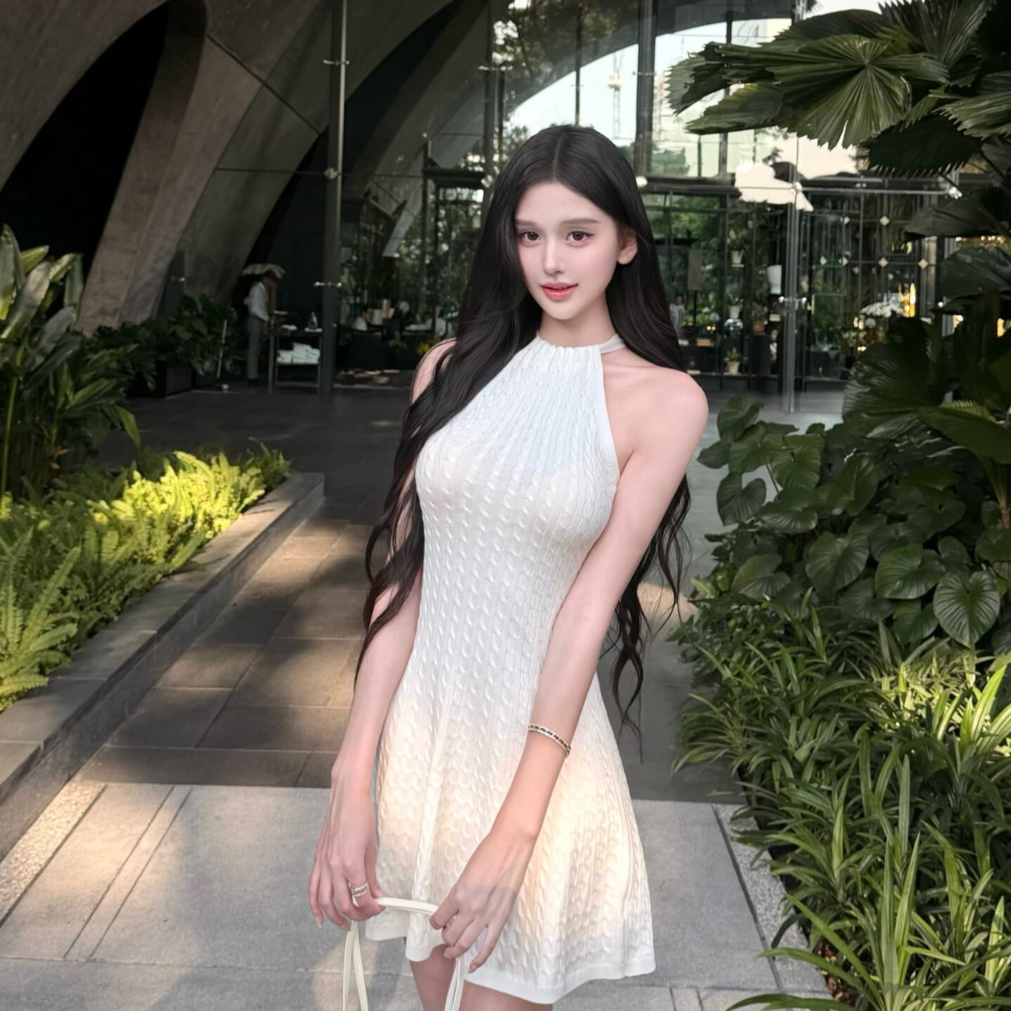 한 비 지아 화이트 행침 목 레이스업 꽈배기 허리 수축 여성 드레스 여름 민소매 새는 어깨 슬림해 보이는 우산 진자 한 마디 치마 이미지 5