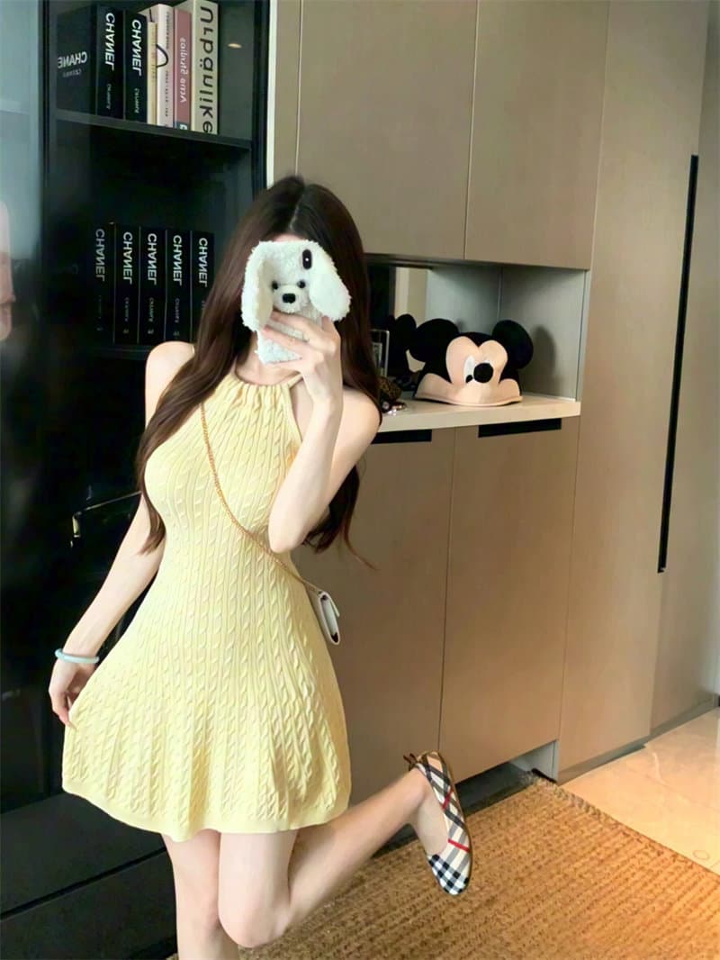 한 비 지아 화이트 행침 목 레이스업 꽈배기 허리 수축 여성 드레스 여름 민소매 새는 어깨 슬림해 보이는 우산 진자 한 마디 치마 상세 이미지 1