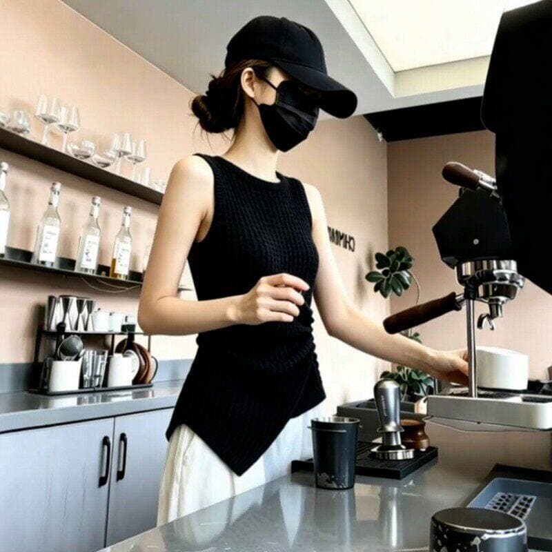 미니멀리즘 바람 단색 홀로우 아웃 라운드 넥 민소매 니트 티셔츠 여성 여름 새로운 몸매 가꾸기 슬림해 보이는 고유 한 캐주얼 맨위 상세 이미지 5