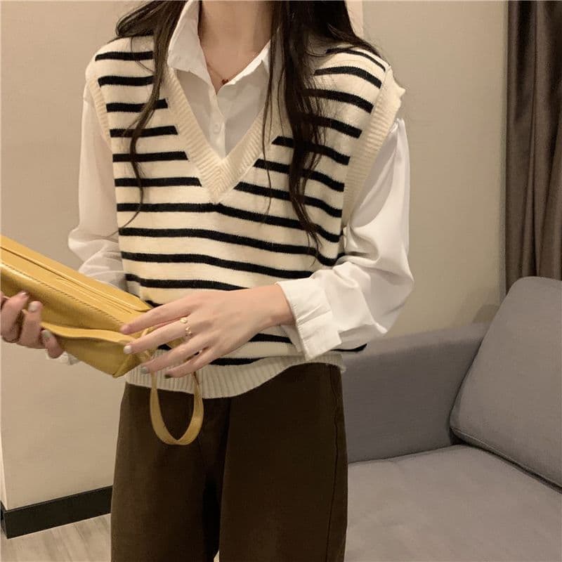스트라이프 베스트 작은 조끼 가을 여성 디자인 센스 2025 년 새로운 외부 가져 가라. 스택 착용 루즈핏 쇼트 스타일 V넥 조끼 상세 이미지 16