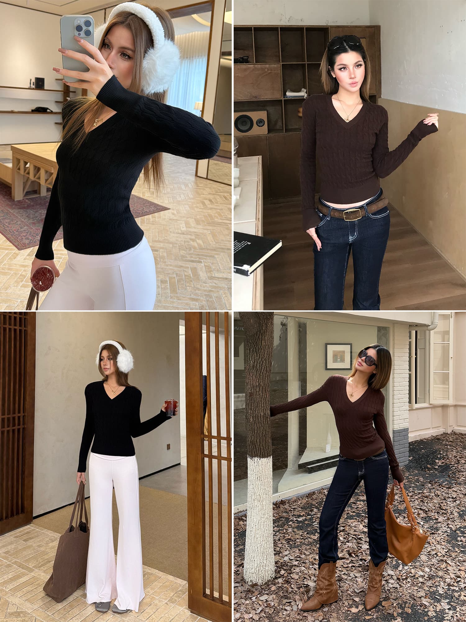 audwynv 칼라 트위스트 꽃 니트 맨위 여성 이른 가을 아메리칸 레트로 새로운 몸매 가꾸기 슬림해 보이는 단색 다용도 스웨터 상세 이미지 8