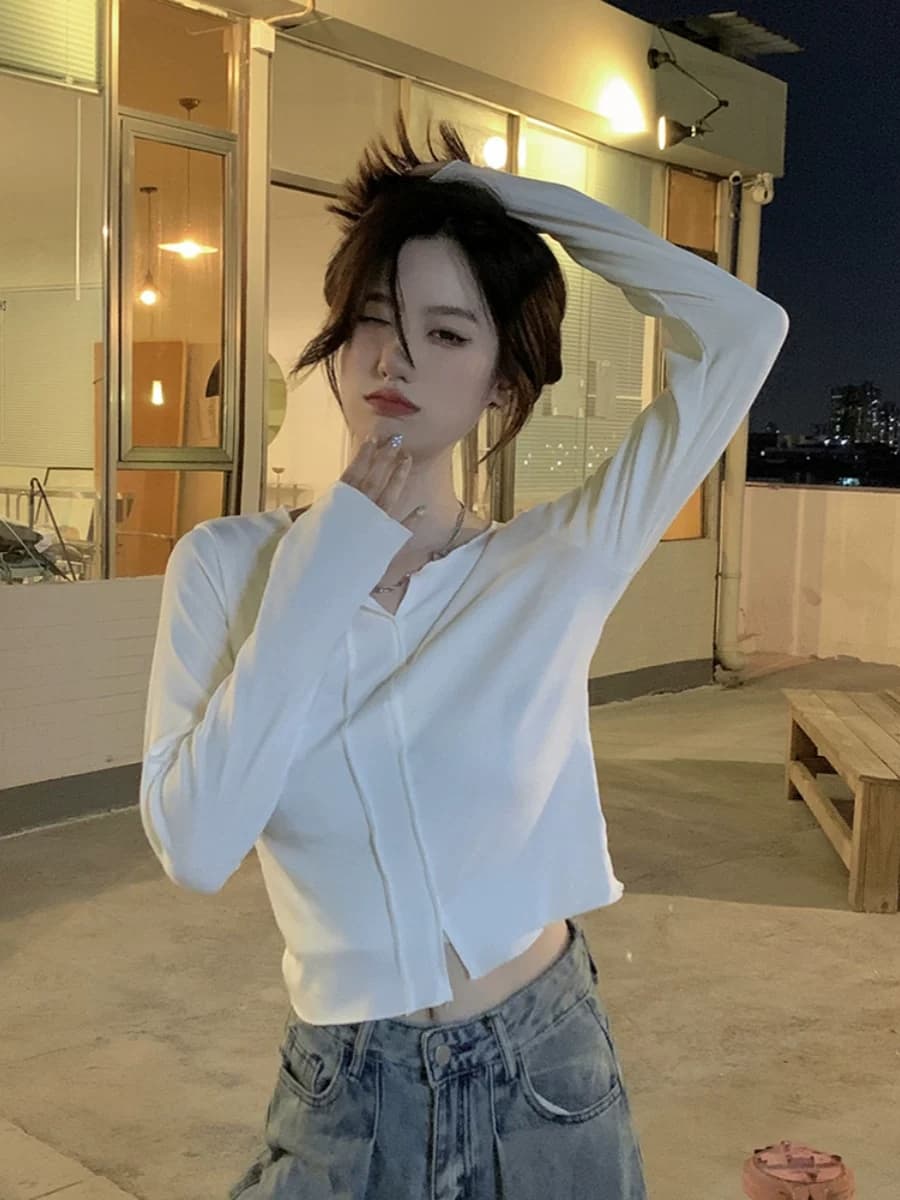 순수한 욕망 핫걸 화이트 긍정적 인 어깨 긴팔 티셔츠 여성 디자인 센스 작은 대중 V넥 몸매 가꾸기 슬림해 보이는 봄 가을 겨울 맨위 상세 이미지 1