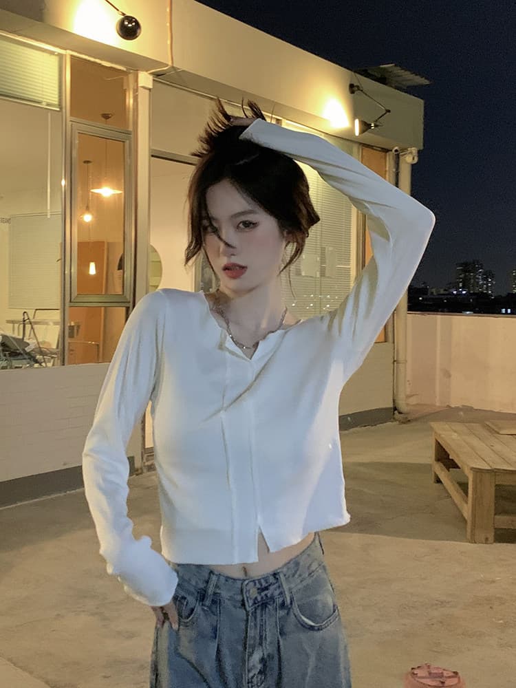 순수한 욕망 핫걸 화이트 긍정적 인 어깨 긴팔 티셔츠 여성 디자인 센스 작은 대중 V넥 몸매 가꾸기 슬림해 보이는 봄 가을 겨울 맨위 상세 이미지 6
