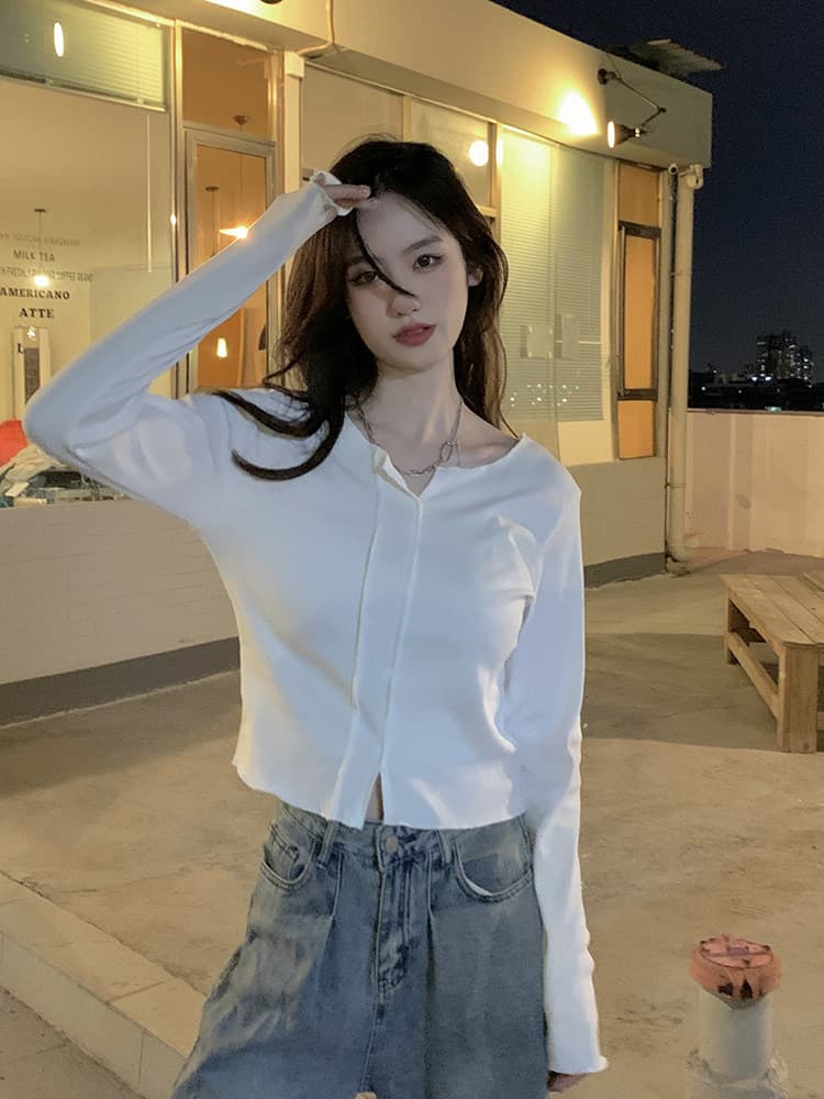 순수한 욕망 핫걸 화이트 긍정적 인 어깨 긴팔 티셔츠 여성 디자인 센스 작은 대중 V넥 몸매 가꾸기 슬림해 보이는 봄 가을 겨울 맨위 상세 이미지 11