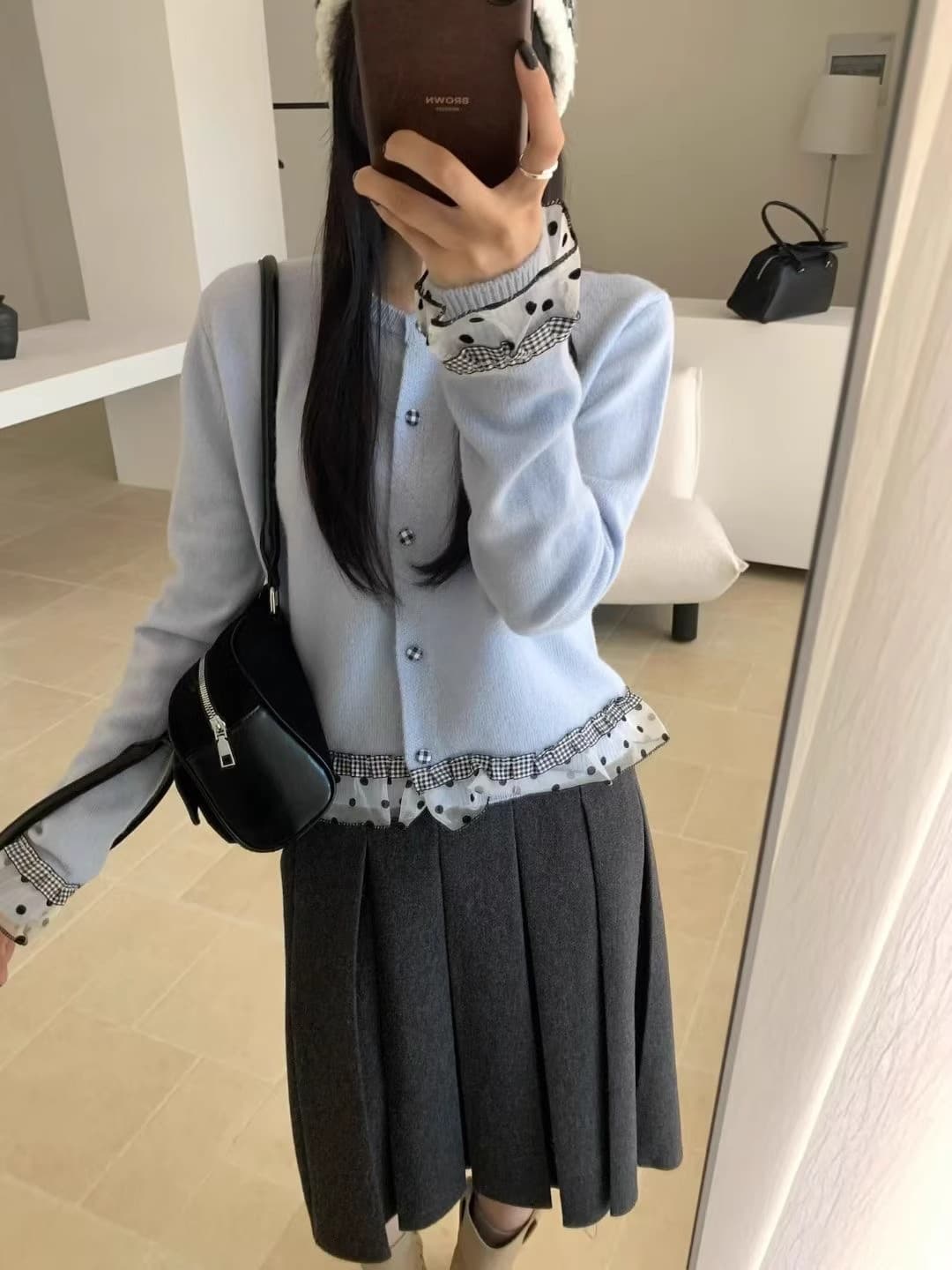 한 부서 달콤함 레이스 패치워크 색상 스웨터 여자 니트 스웨터 오픈 가디건 가을 겨울 루즈핏 느긋한 바람 품격 쇼트 스타일 맨위 상세 이미지 3