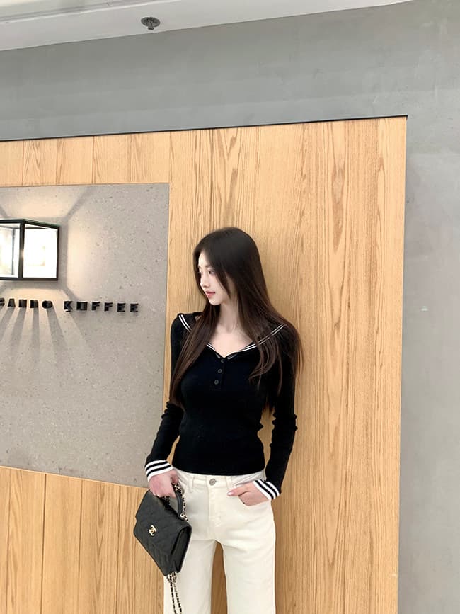 famouswang 겨울 새로운 품격 슬림해 보이는 몸매 가꾸기 해군 칼라 긴팔 니트 기본 셔츠 여성 상세 이미지 6