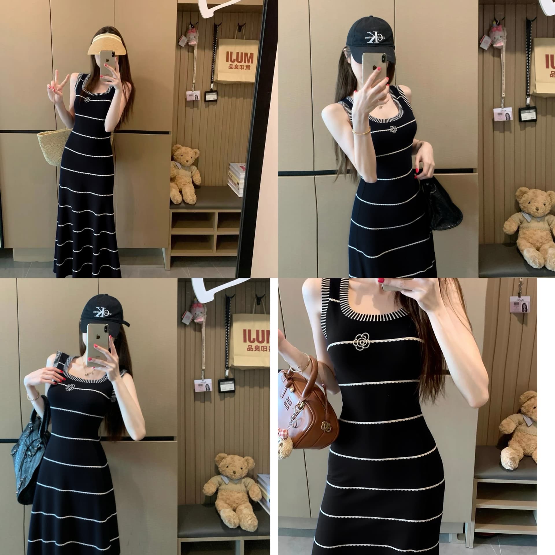 흑백 줄무늬 자수 민소매 조끼 여성 드레스 여름 몸매 가꾸기 허리 수축 캐주얼 치마 품격 타이트 스커트 롱 스커트 상세 이미지 3