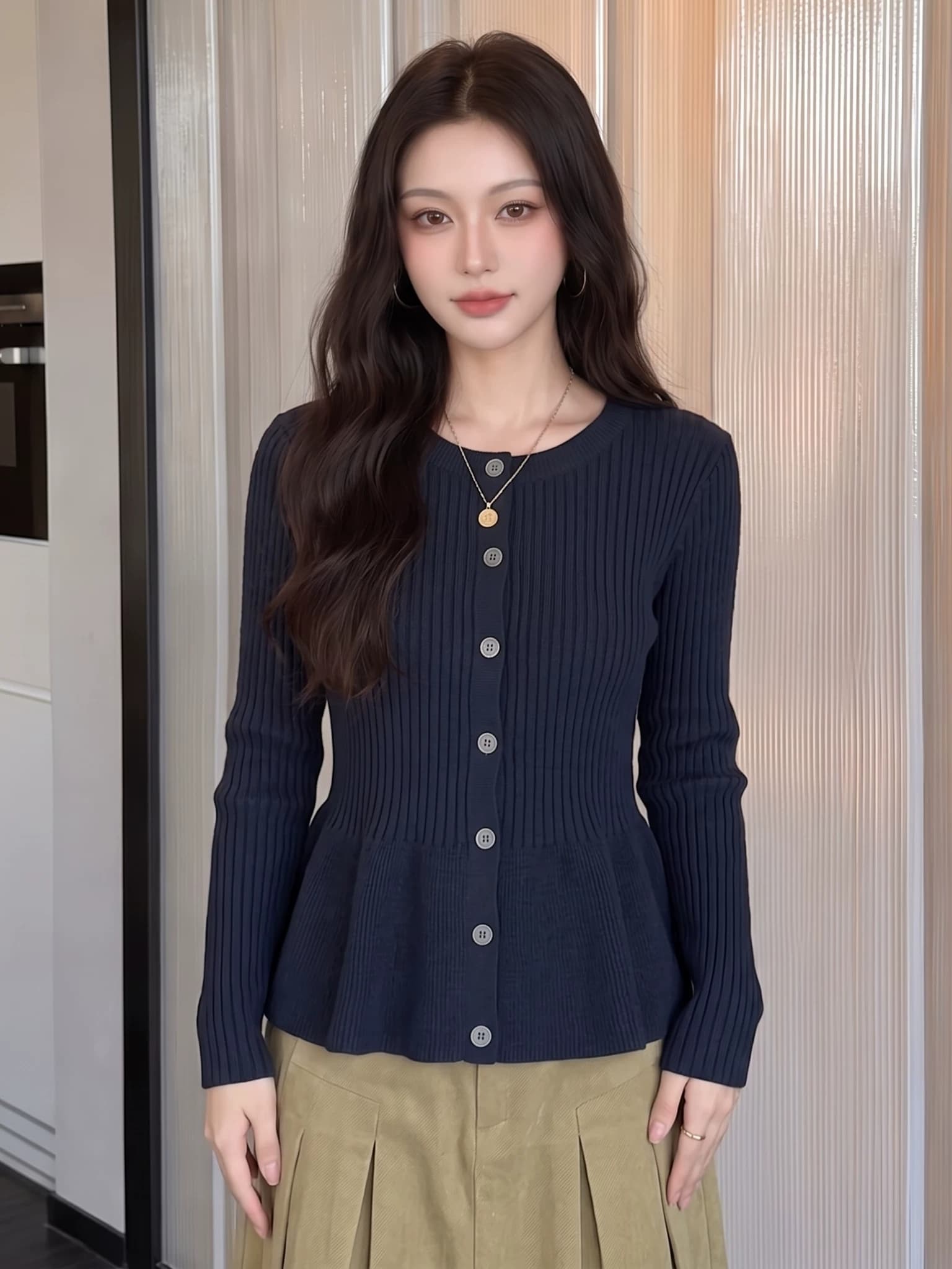 프랑스식 작은 대중 몸매 가꾸기 허리 수축 니트 스웨터 여성 2026 가을 새로운 긴팔 단추 스웨터 슬림해 보이는 다용도 맨위 상세 이미지 2