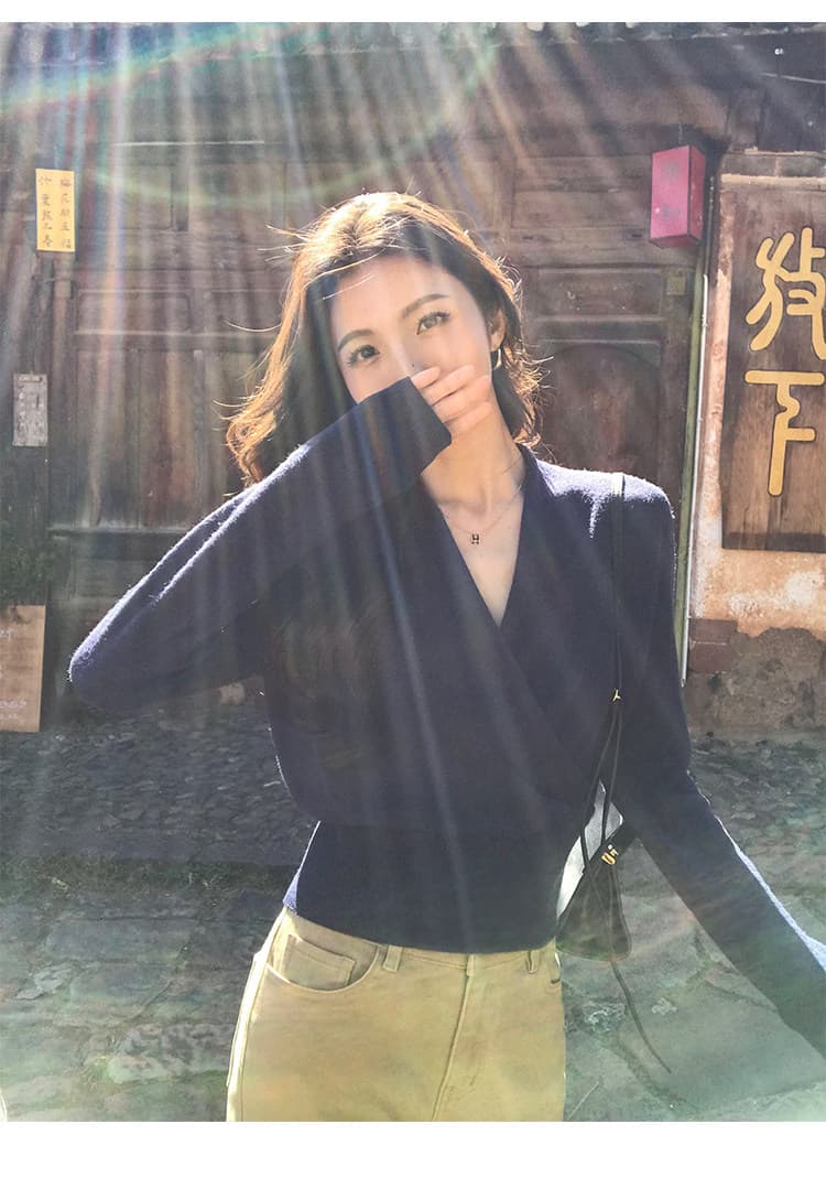 mulvan 느슨함 오래된 돈 조정 디자인 센스 십자가 니트 스웨터 여성 풀오버 V넥 스웨터 품격 맨위 상세 이미지 62