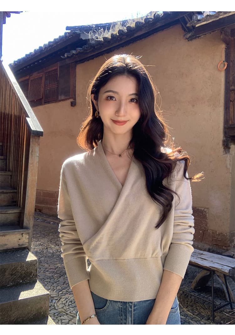 mulvan 느슨함 오래된 돈 조정 디자인 센스 십자가 니트 스웨터 여성 풀오버 V넥 스웨터 품격 맨위 상세 이미지 11