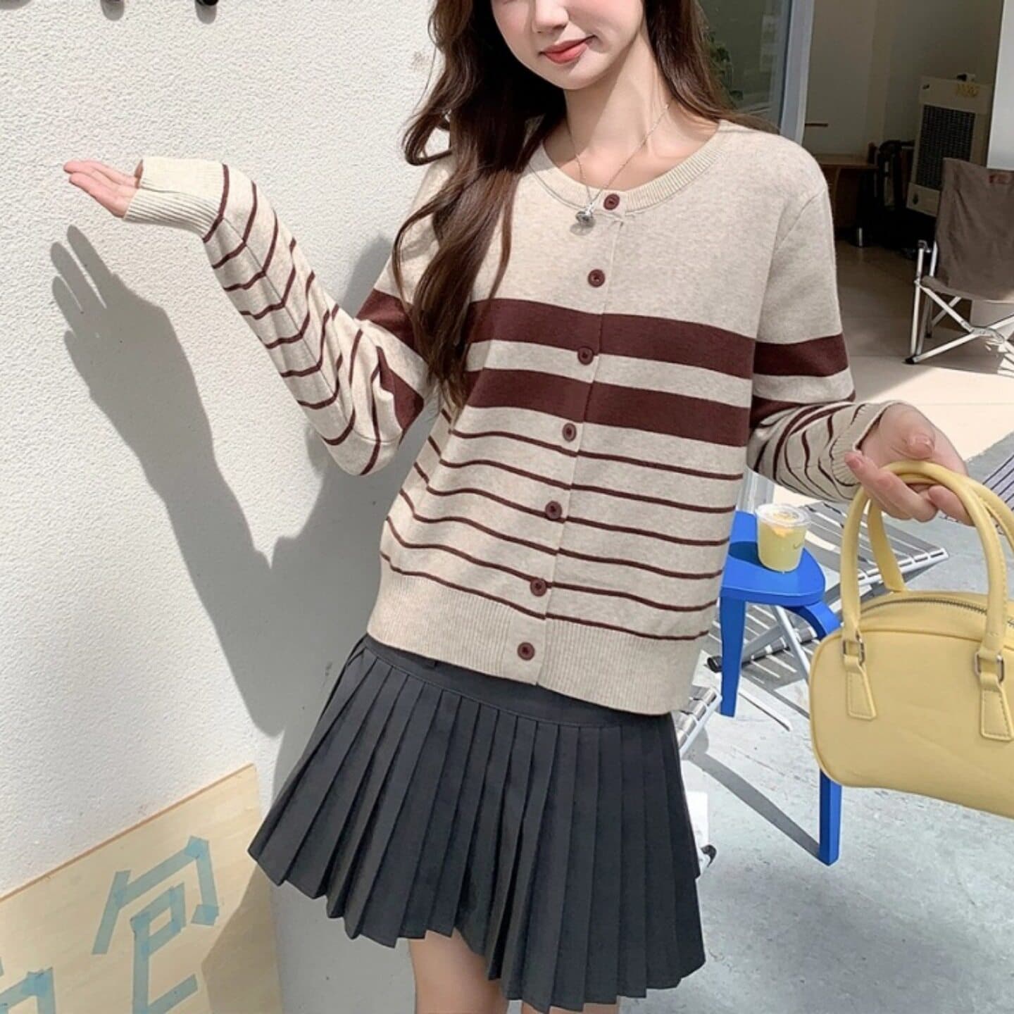 광저우 열세 개 폭발 느긋한 바람 배색 스트라이프 니트 스웨터 오픈 가디건 여성 봄 드레스 부드러운 찹쌀 스웨터 코트 맨위 이미지 3