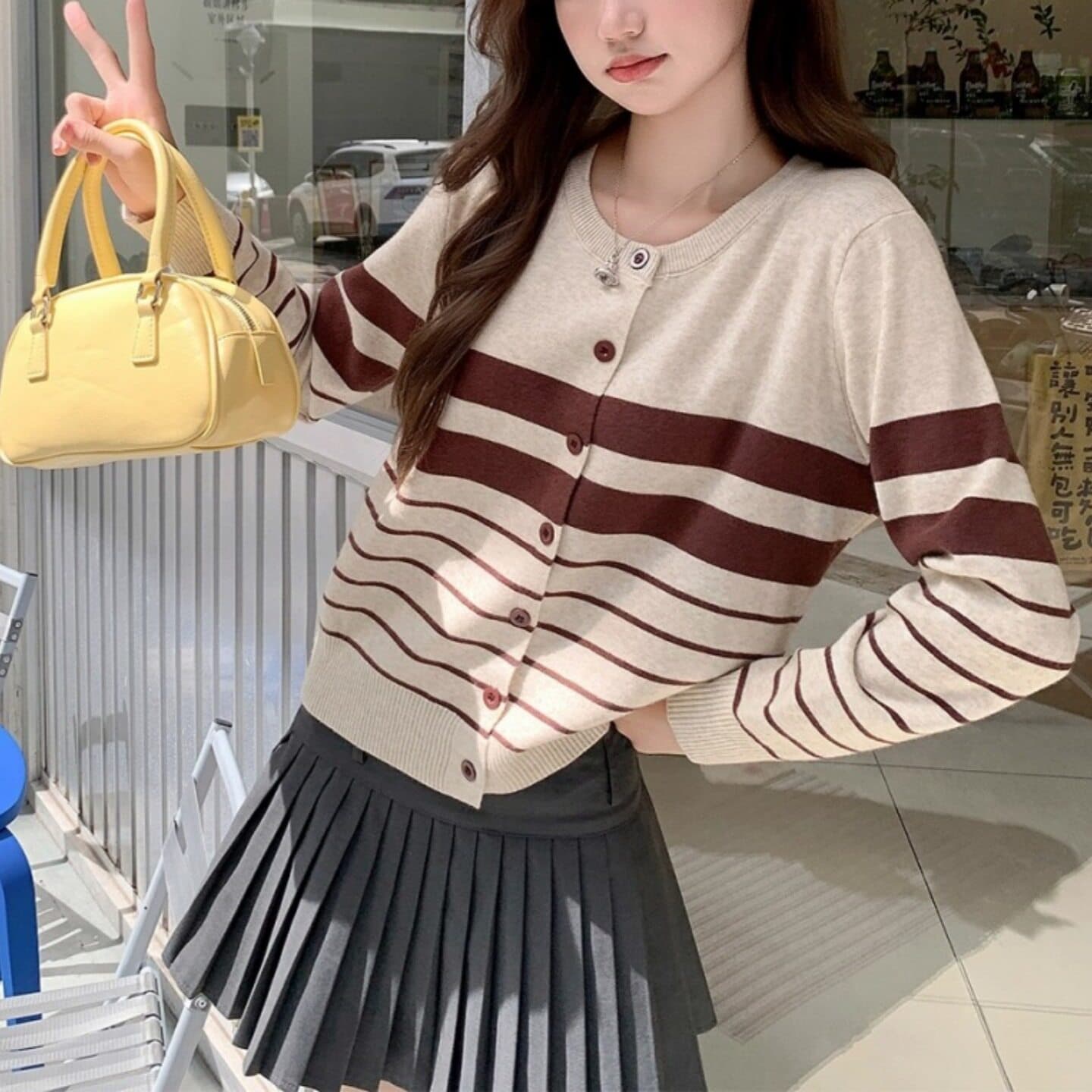 광저우 열세 개 폭발 느긋한 바람 배색 스트라이프 니트 스웨터 오픈 가디건 여성 봄 드레스 부드러운 찹쌀 스웨터 코트 맨위