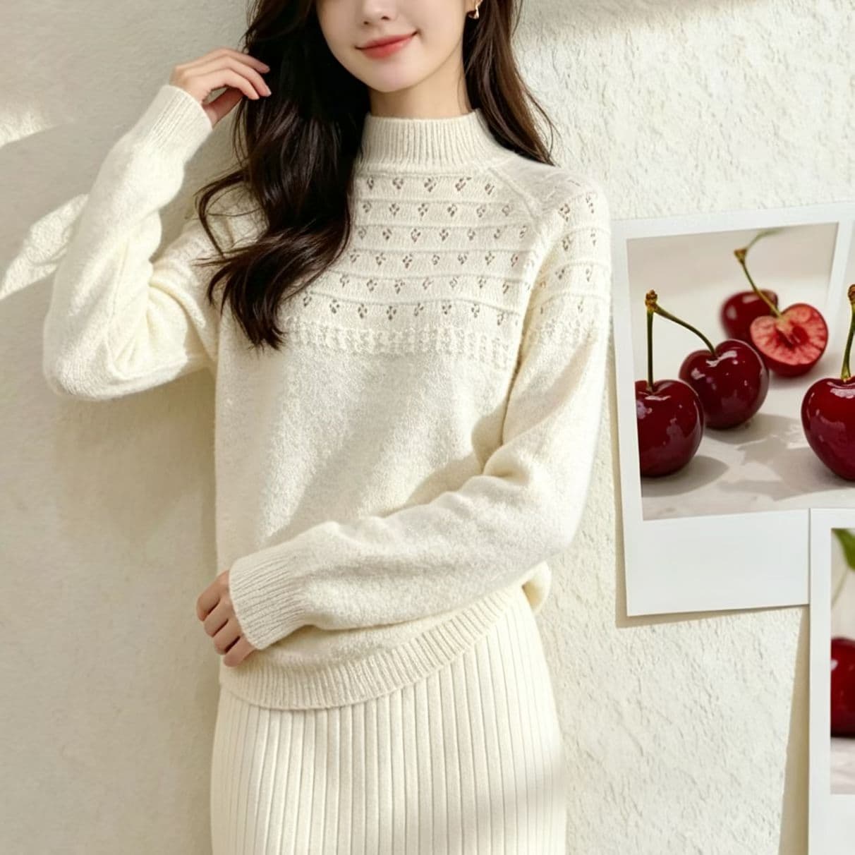 가을 겨울 반하이넥 홀로우 아웃 여성 뜨개질 기본 셔츠 긴팔 풀오버 단색 슬림해 보이는 맨위