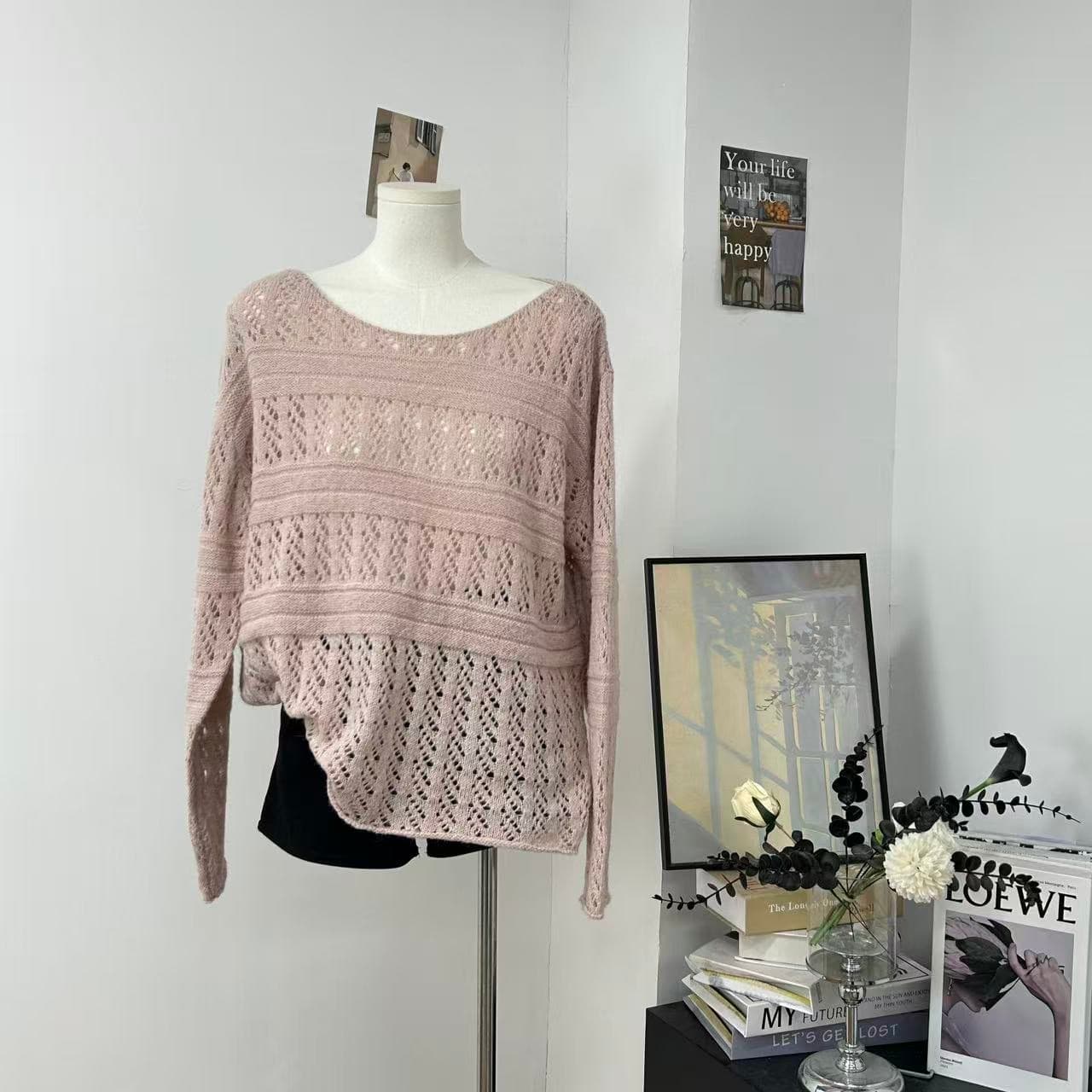 카키 색 자수 홀로우 아웃 블라우스 여자 가을 느긋한 느슨함 센스 착용 가져 가라. 루즈핏 라운드 넥 스웨터 니트 맨위 상세 이미지 13