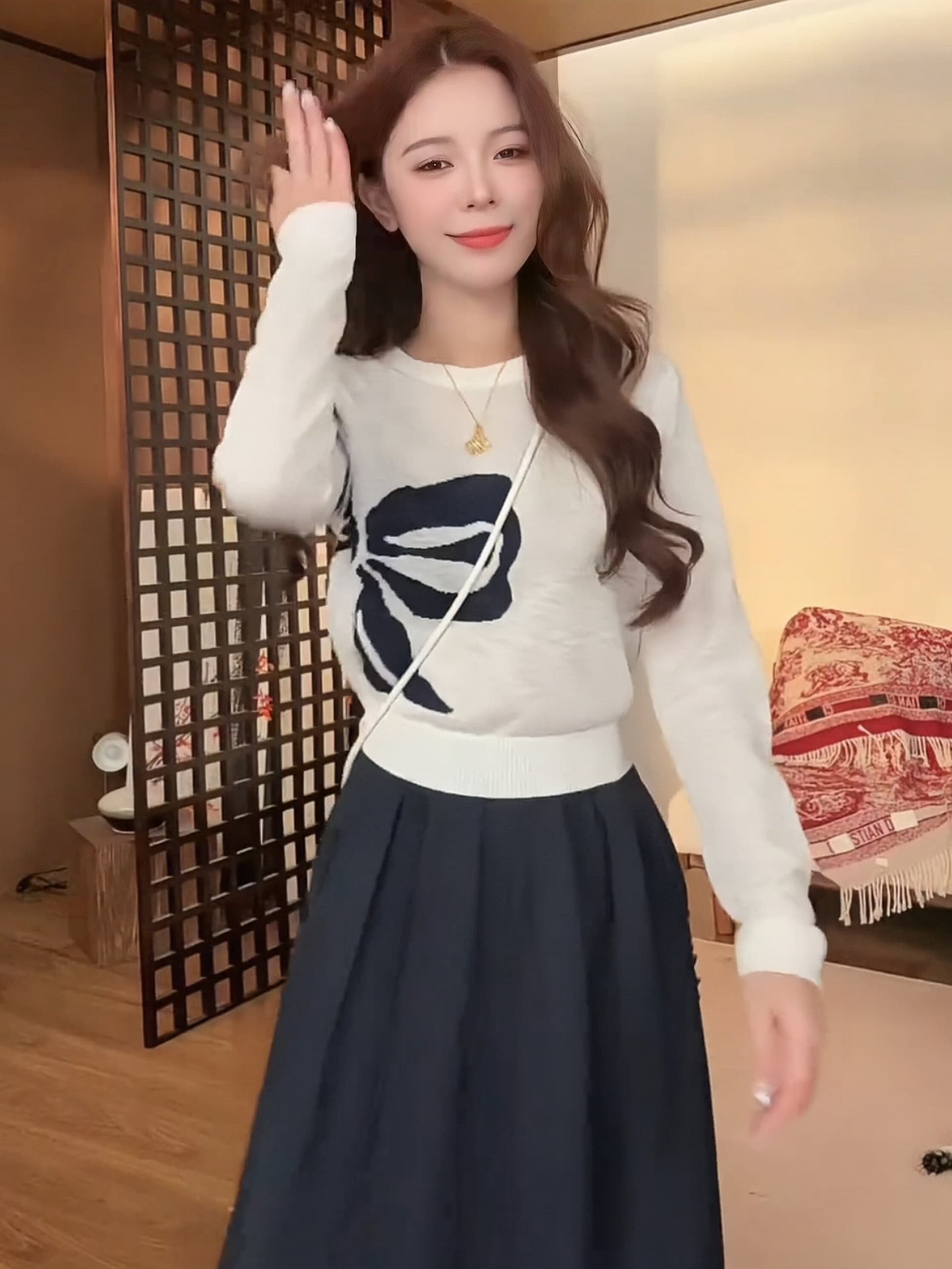 한 부서 디자인 센스 나비 매듭 자카드 라운드 넥 긴팔 니트 스웨터 여성 이른 가을 패션 외국 가스 연령 감소 만나는 맨위 상세 이미지 5